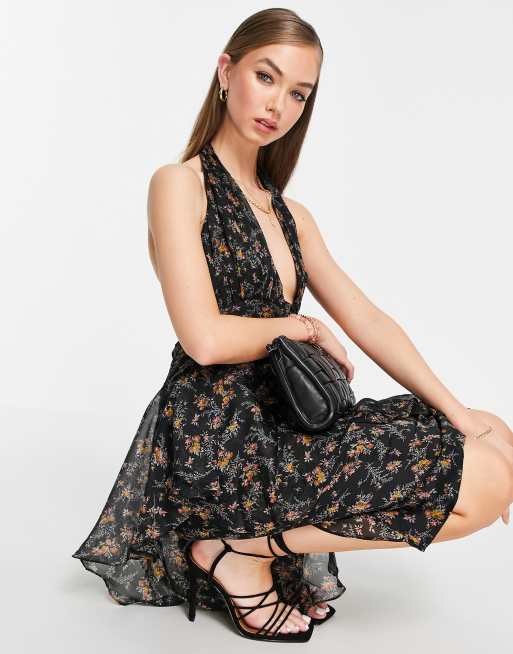 ASOS DESIGN – Mörk blommig midiklänning med knappar och mjuk rysch