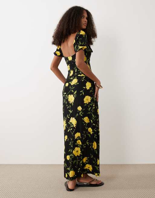 ASOS DESIGN – Mörk, blommig teaklänning i maxilängd med uddkantad ringning, puffärmar och dekorativ söm, 4 av 4