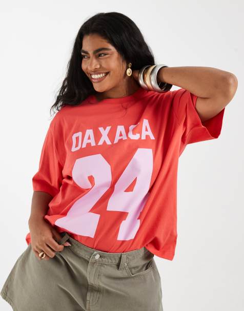 ASOS DESIGN – Mörk, korallfärgad och ljuslila t-shirt i oversized fit med Oaxaca-tryck i collegestil - view 1