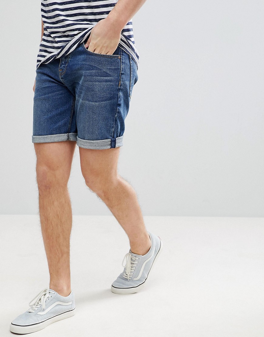 ASOS DESIGN – Mörka jeansshorts med smal passform-Blå