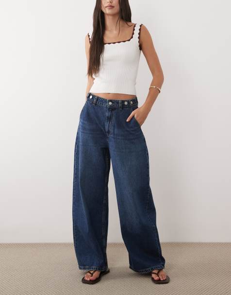 ASOS DESIGN – Mörka, tvättade jeans med barrelben och justerbar midja - view 1