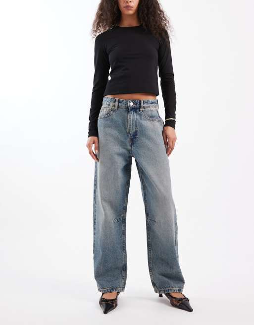 ASOS DESIGN – Mörka, vintagetvättade, ankellånga jeans med barrelben och indragen midja 