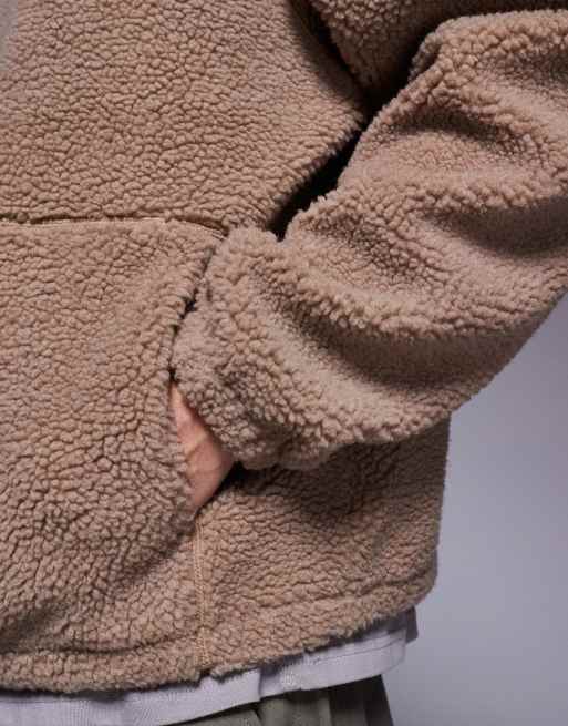 ASOS DESIGN – Mörkbeige, avslappnad sweatshirt med ståkrage och dragkedja i teddy, 4 av 5
