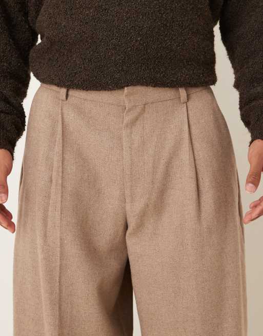 ASOS DESIGN – Mörkbeige, plisserade, figursydda byxor i yllemix med vida barrelben, 5 av 5