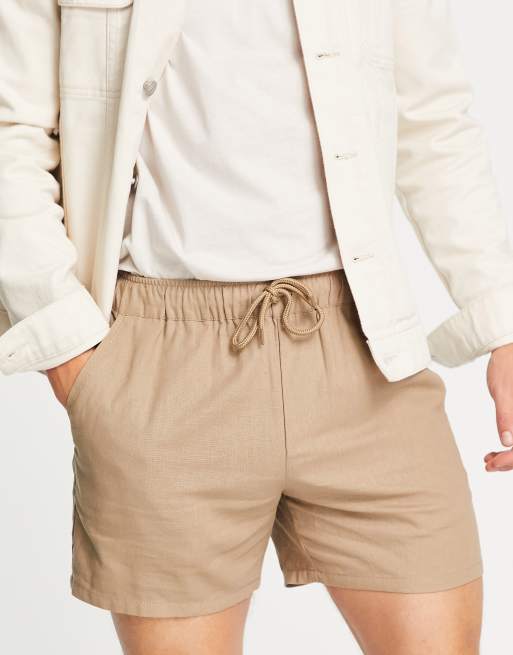 ASOS DESIGN – Mörkbeige, smala chinoshorts i linnemix och kortare längd  