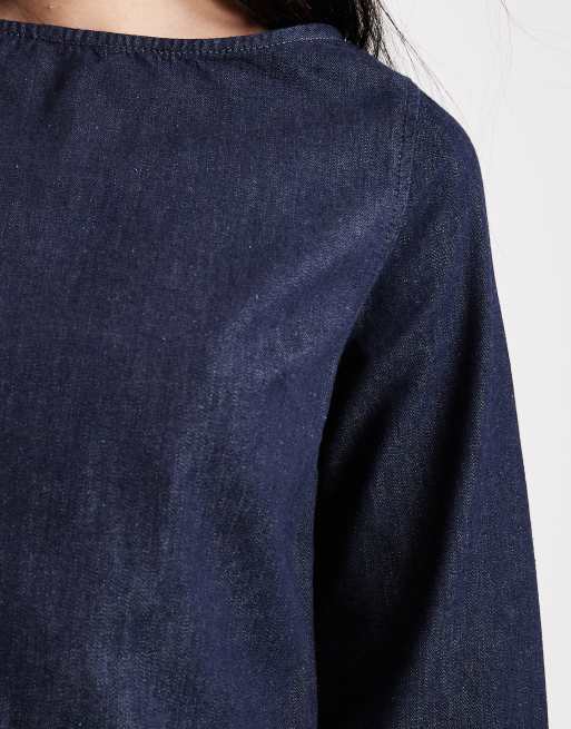 ASOS DESIGN – Mörkblå, a-linjeformad jeansklänning i minilängd med långa ärmar, 3 av 4