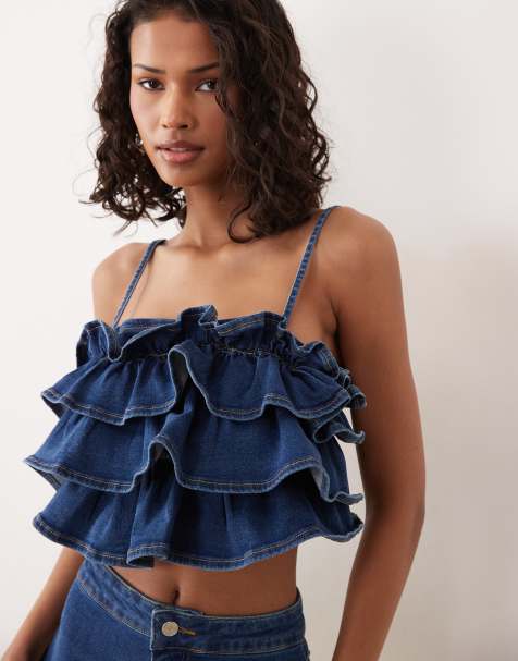 ASOS DESIGN – Mörkblå bandeau-topp i denim med volang, del av set - view 1