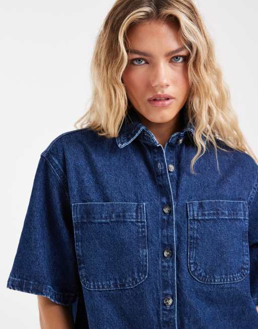 ASOS DESIGN – Mörkblå, boxig skjortklänning i denim med fickor, 3 av 4