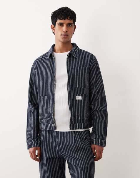 ASOS DESIGN – Mörkblå, kritstrecksrandig jeansjacka i arbetarstil med påsydda märken, del av set - view 1