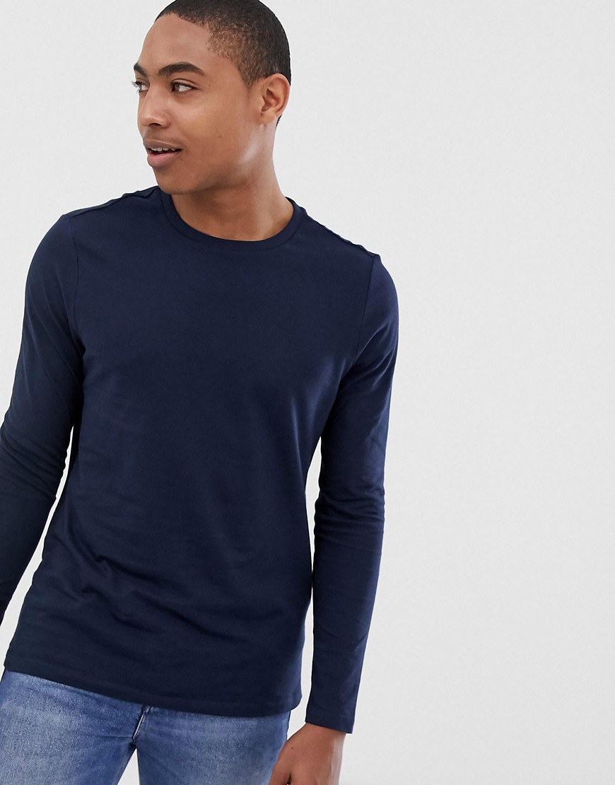 ASOS DESIGN – Mörkblå, långärmad t-shirt i ekologiskt material-Marinblå