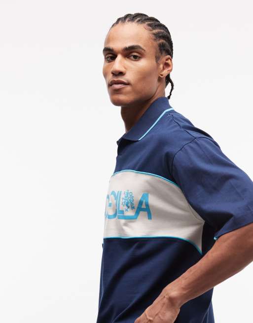ASOS DESIGN – Mörkblå, panelsydd pikétröja i oversize med boxig passform och sporttryck, 4 av 5