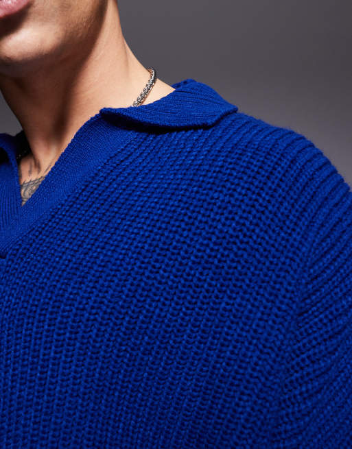 ASOS DESIGN – Mörkblå, ribbstickad fiskartröja i super oversize med sprund vid halsen, 3 av 4