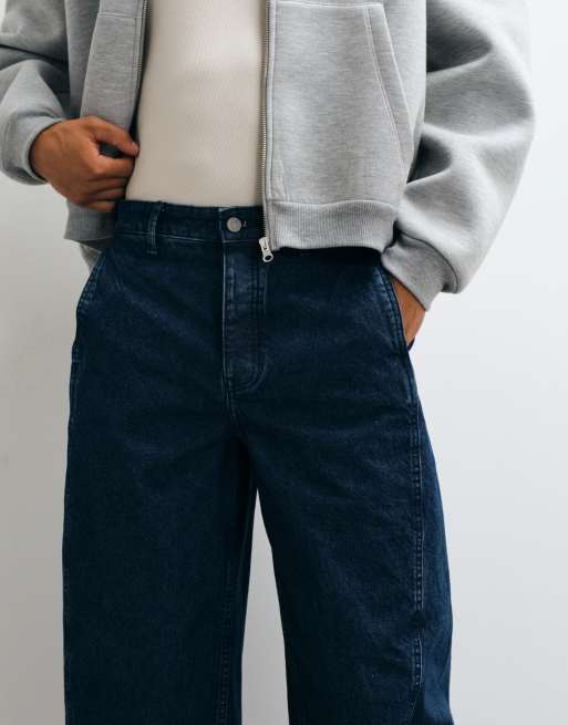 ASOS DESIGN – Mörkblå, tvättade jeans med barrelben och dekorativa sömmar, 4 av 5