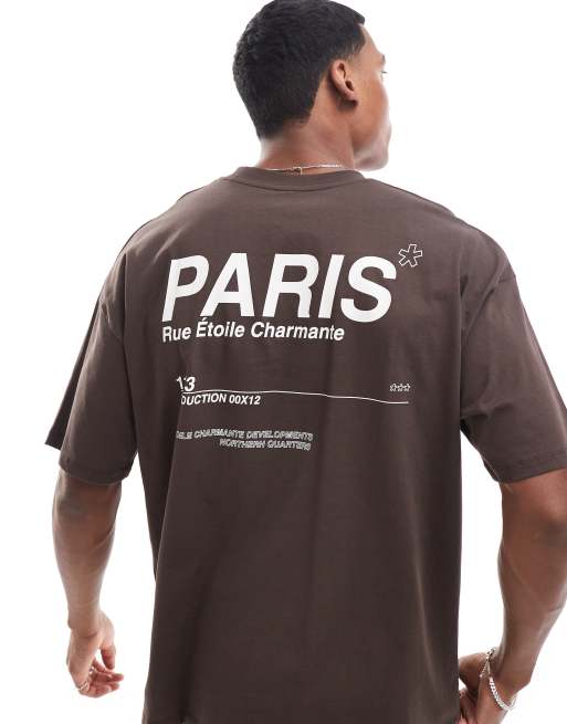 ASOS DESIGN – Mörkbrun t-shirt i oversize med stadstryck baktill