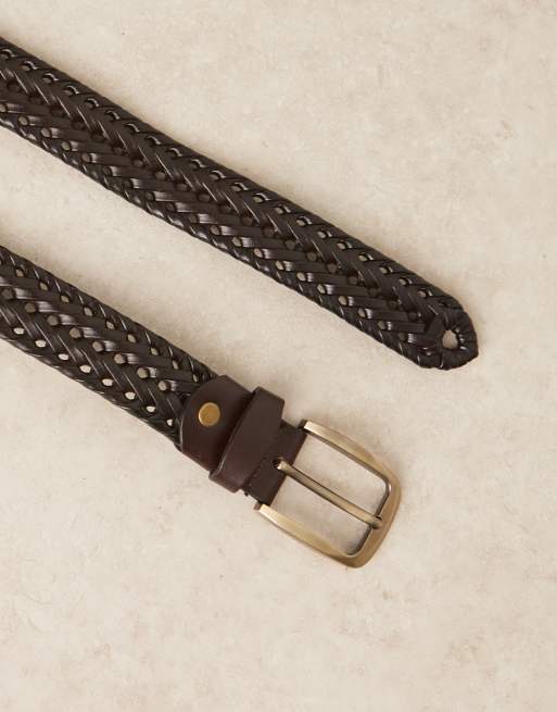 ASOS DESIGN – Mörkbrunt finskärp i läder med vävd design och guldfärgat spänne, 3 av 3
