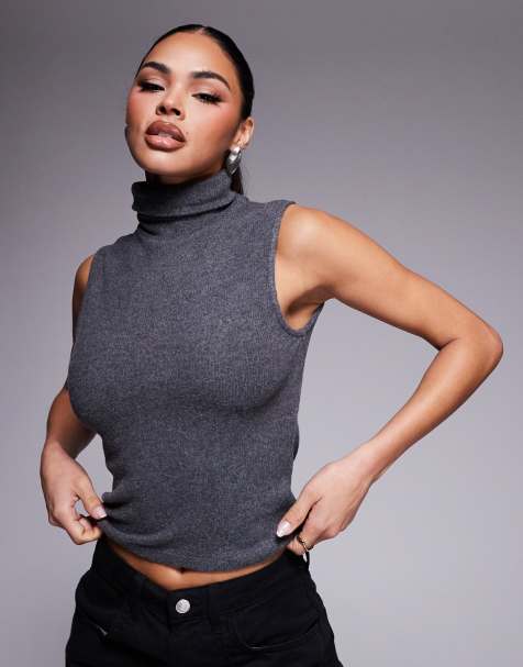 ASOS DESIGN – Mörkgrå, ärmlös topp med hög ringning - view 1