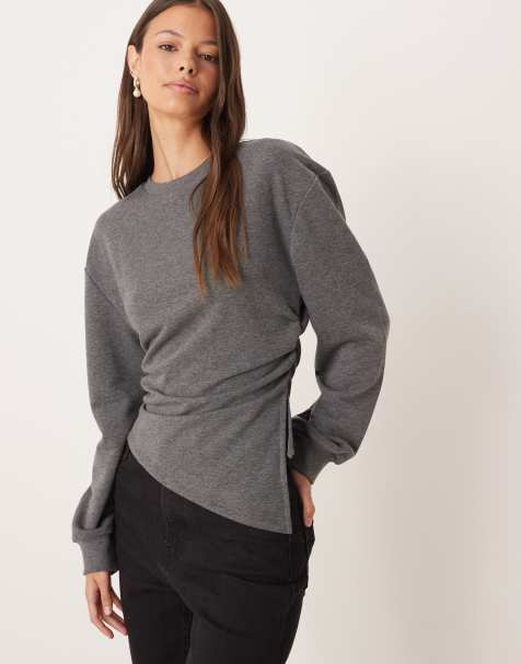 ASOS DESIGN – Mörkgrå, asymmetrisk sweatshirt med rynkad detalj - view 1