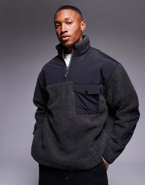 ASOS DESIGN – Mörkgrå, avslappnad sweatshirt med kort dragkedja i halsen och kontrastdetaljer i nylon och teddy - view 1