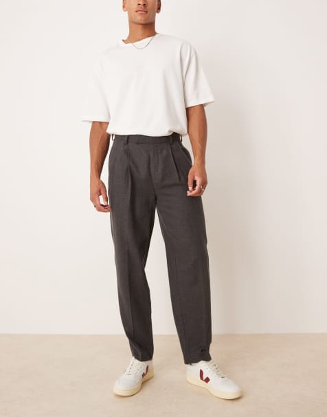 ASOS DESIGN – Mörkgrå, avsmalnande finbyxor i panamaväv och oversize med dubbla veck - view 1
