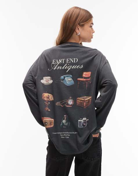 ASOS DESIGN – Mörkgrå, blekt T-shirt med långa ärmar och antikvitetstryck i skaterstil - view 1