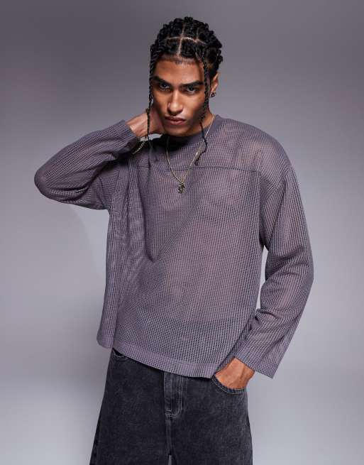 ASOS DESIGN – Mörkgrå, boxig t-shirt i oversize och hålstickad mesh med långa ärmar och sänkt axelsöm