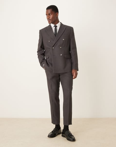 ASOS DESIGN – Mörkgrå, dubbelknäppt kostym i borstad twill med regular fit - view 1