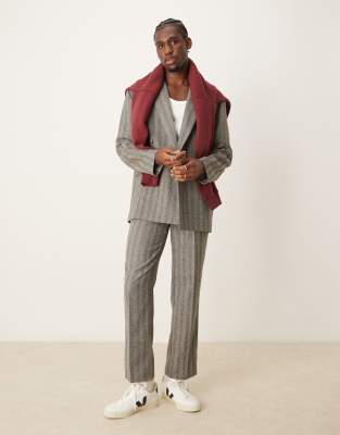 ASOS DESIGN – Mörkgrå, dubbelknäppt och slouchy kostym med fiskbensmönster och avslappnad passform - view 1