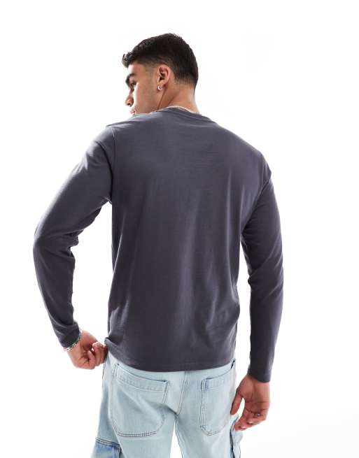 ASOS DESIGN – Mörkgrå, enkel t-shirt med rund halsringning och långa ärmar, 4 av 4