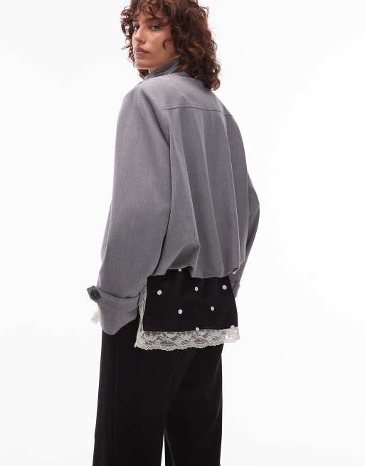 ASOS DESIGN – Mörkgrå, figursydd jacka med ståkrage och flik, 4 av 4