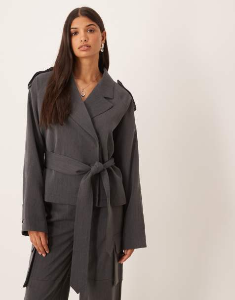 ASOS DESIGN – mörkgrå, figursydd trenchjacka i mjukt tyg, del av set - view 1