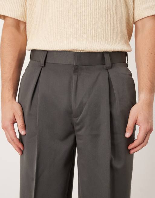ASOS DESIGN – Mörkgrå finbyxor i oversize med avsmalnande passform och veck framtill, 4 av 5