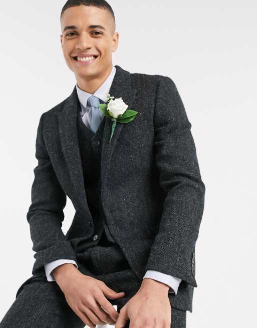 ASOS DESIGN – Mörkgrå fiskbensmönstrad kostym i 100 % Harris Tweed med smal passform, 2 av 4