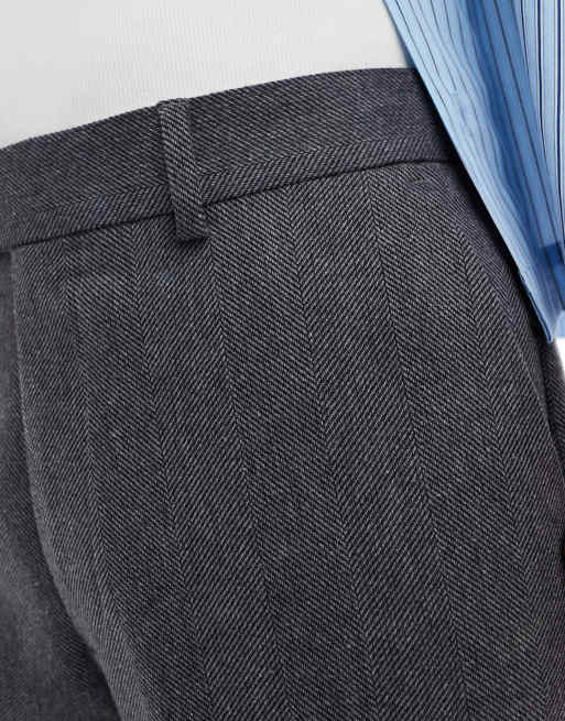 ASOS DESIGN – Mörkgrå, fiskbensmönstrade finbyxor i ullmix med raka ben, 2 av 5