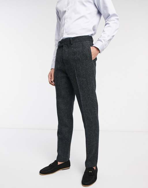 ASOS DESIGN – Mörkgrå fiskbensmönstrad kostym i 100 % Harris Tweed med smal passform, 3 av 4