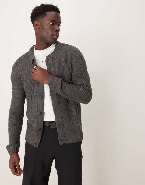 ASOS DESIGN – Mörkgrå, flätstickad kofta med krage - view 1