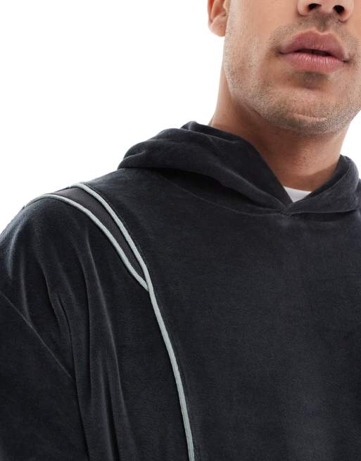 ASOS DESIGN – Mörkgrå huvtröja i velour och oversize med kontrastfärgad dekorativ söm, 4 av 4