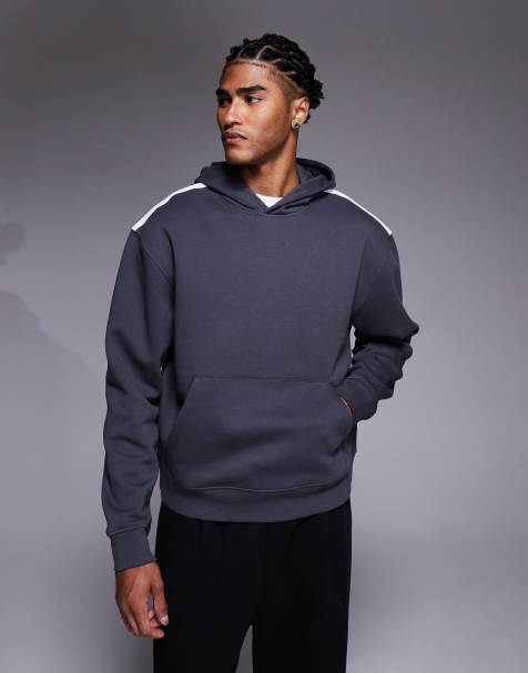 ASOS DESIGN – Mörkgrå huvtröja med avslappnad passform, sänkt axelsöm och tejpade detaljer på axlarna - view 1