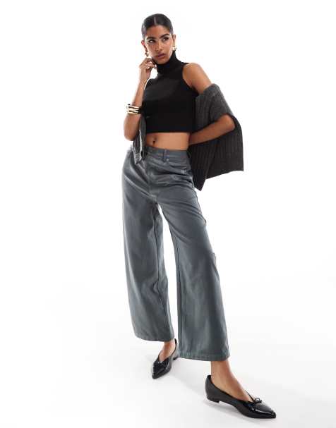 ASOS DESIGN – Mörkgrå hybridbyxor i läderimitation och mockaimitation - view 1