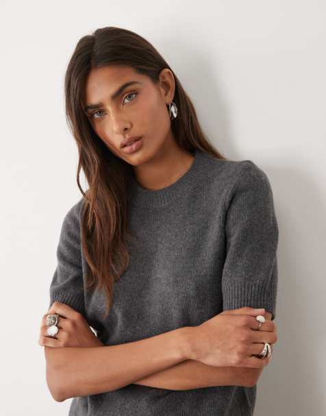 ASOS DESIGN – Mörkgrå, kort t-shirt i ylle - view 1
