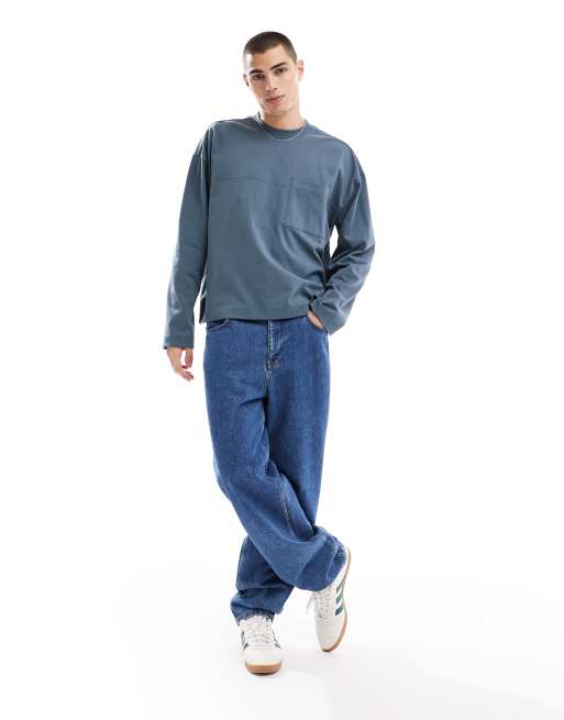 ASOS DESIGN – Mörkgrå, kraftig, oversize t-shirt med boxig passform och framficka