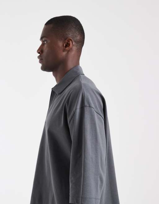 ASOS DESIGN – Mörkgrå, kraftig pikétröja i boxig oversized fit med halvlånga ärmar, 3 av 5