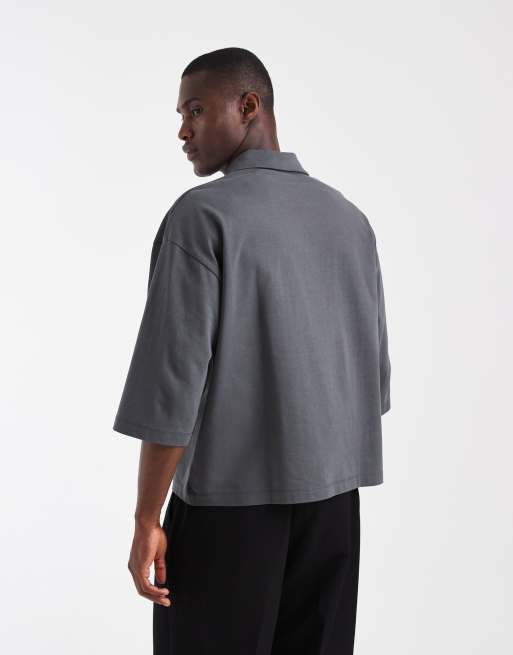 ASOS DESIGN – Mörkgrå, kraftig pikétröja i boxig oversized fit med halvlånga ärmar, 5 av 5