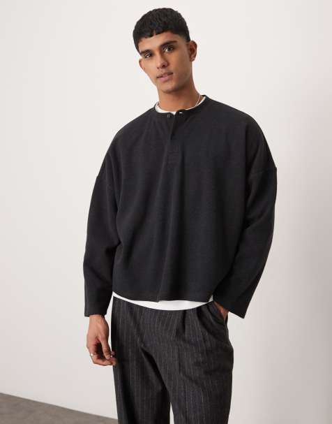 ASOS DESIGN – Mörkgrå, kraftig, ribbad och kort henley-tröja i extra oversize - view 1