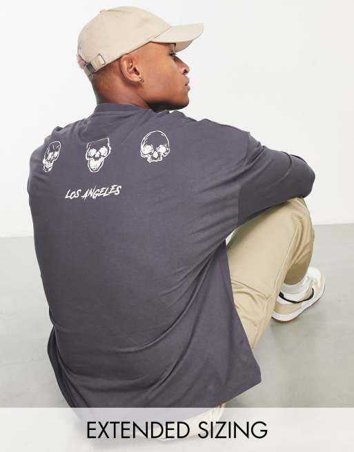 ASOS DESIGN – Mörkgrå långärmad t-shirt i oversize med skelett-tryck