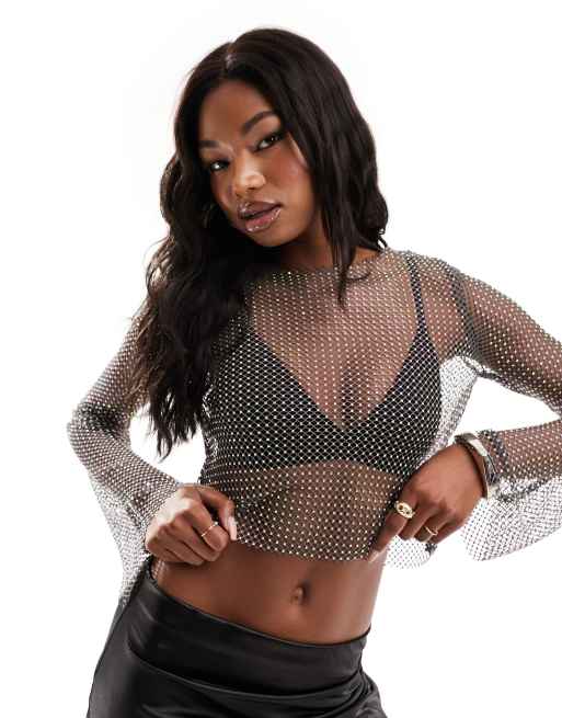 ASOS DESIGN – Mörkgrå, långärmad topp i nät med strass