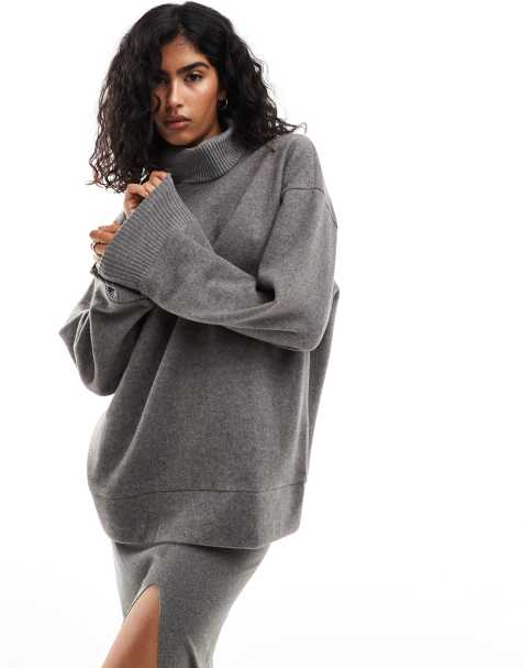 ASOS DESIGN – Mörkgrå, melerad och supermjuk tröja i lång modell med polokrage, del av set - view 1