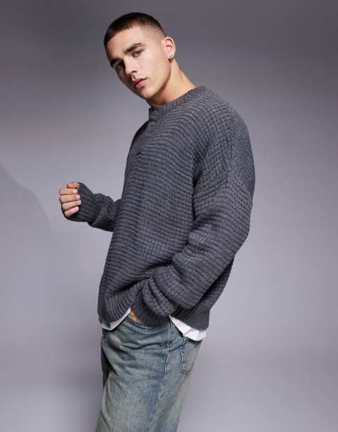 ASOS DESIGN – Mörkgrå, melerad, stickad henley-tröja i oversize med boxig passform och våfflad textur - view 1