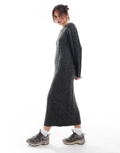 ASOS DESIGN – Mörkgrå midaxiklänning med brett ribbmönster - view 1