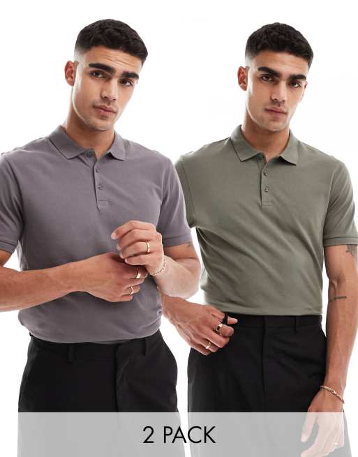 ASOS DESIGN – Mörkgrå och kakifärgade pikétröjor, 2-pack