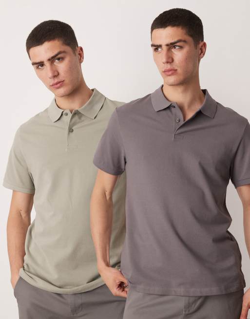 ASOS DESIGN – Mörkgrå och kakifärgade pikétröjor, 2-pack